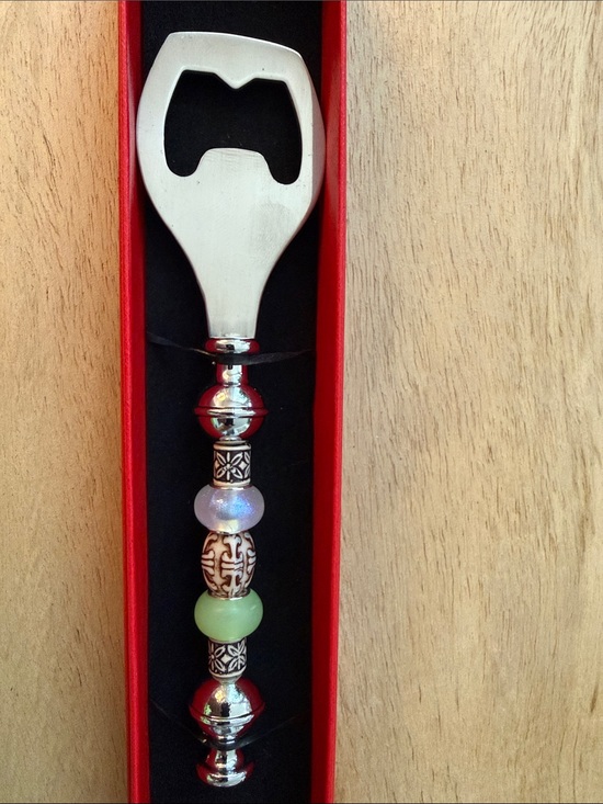 Handmade Other - Beaded Handle Bottle Opener in Silver, Red, Green, Cream